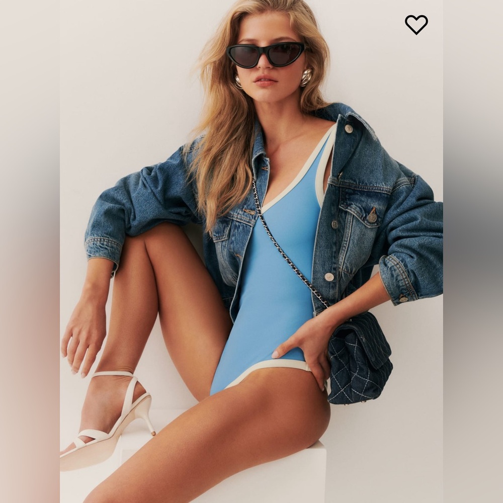 Reformation Blue and White One Piece Swimsuit